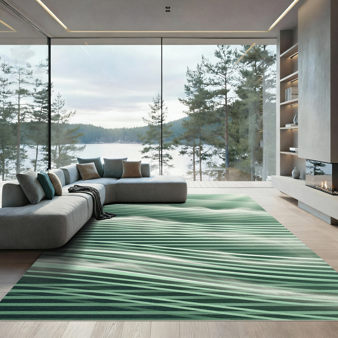 Emerald Green Abstract Woven Stripe Rug