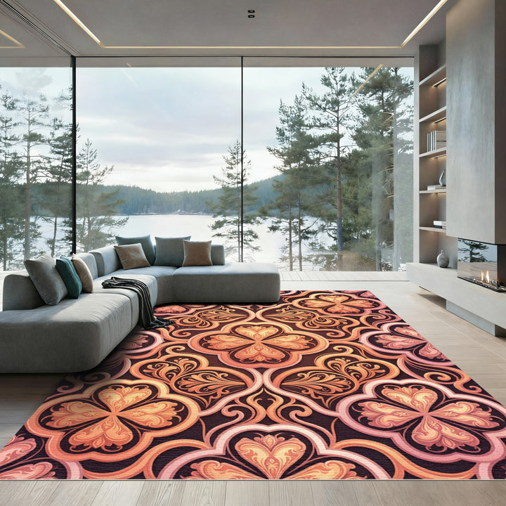 Coral Floral Trefoil Arabesque Rug