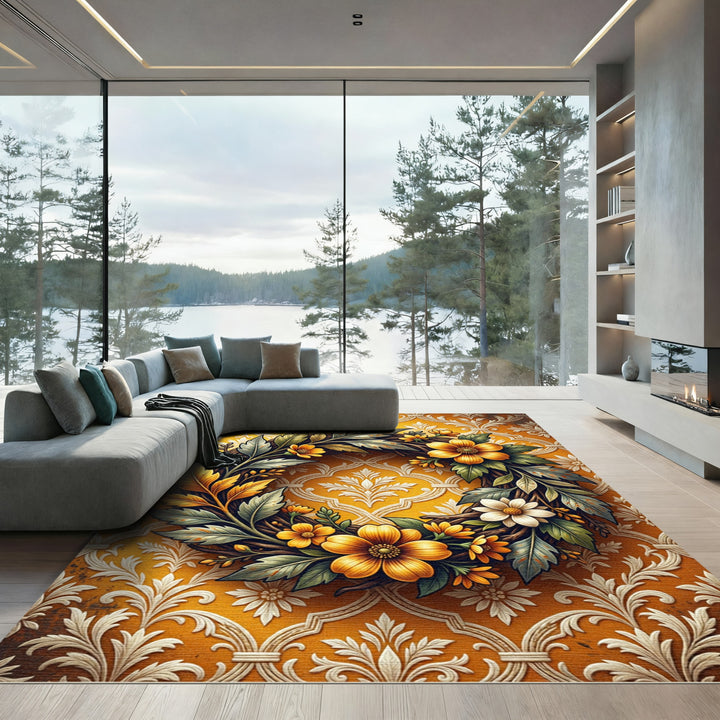 Golden Floral Wreath Damask Rug