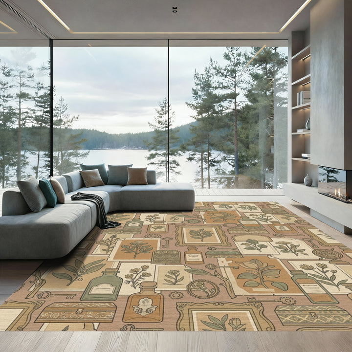 Vintage Botanical Collage Whimsical Boxes Keys Rug