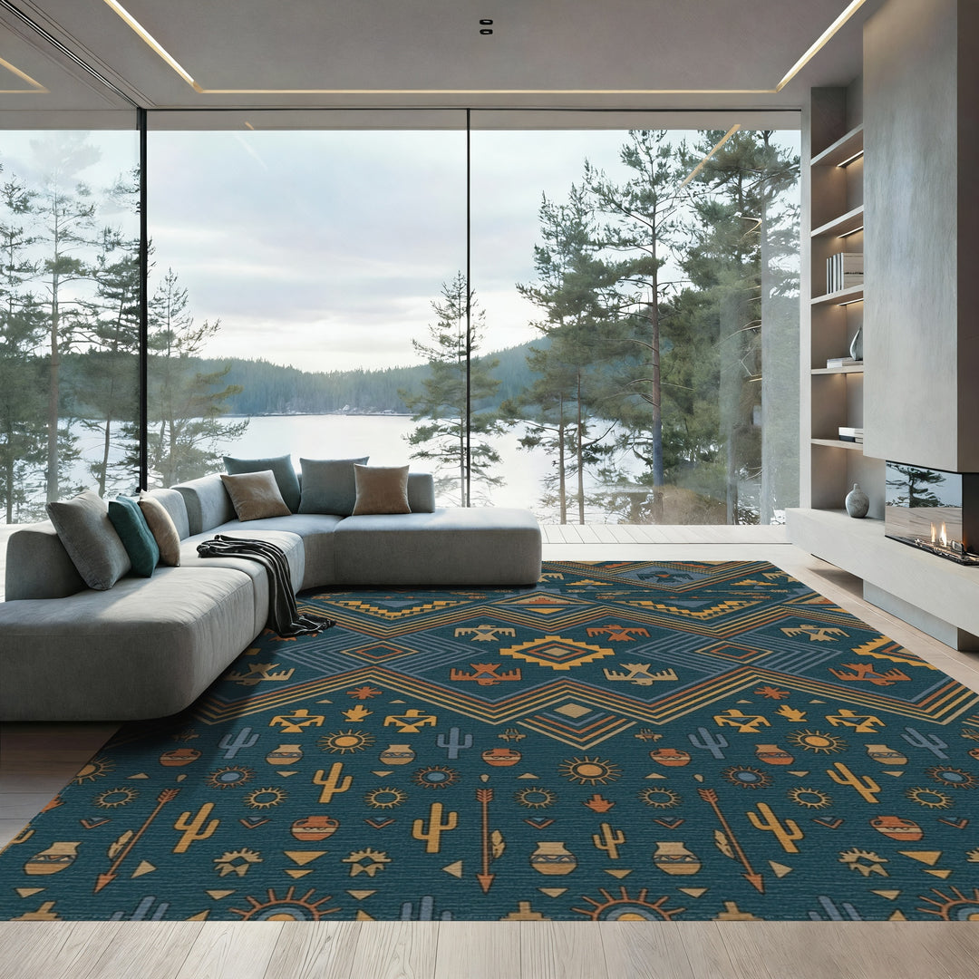 Teal Earth Tones Thunderbird Geometric Rug