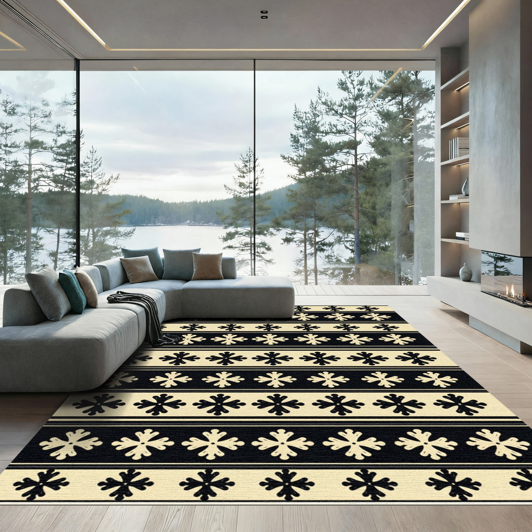 Classic Black Cream Snowflake Stripes Rug