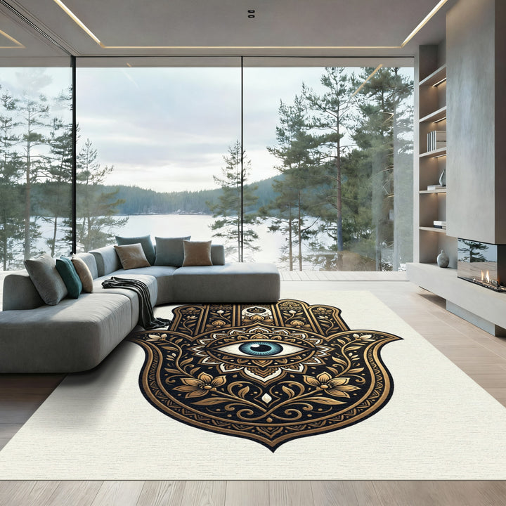 Ornate Gold Eye Hamsa Hand Rug