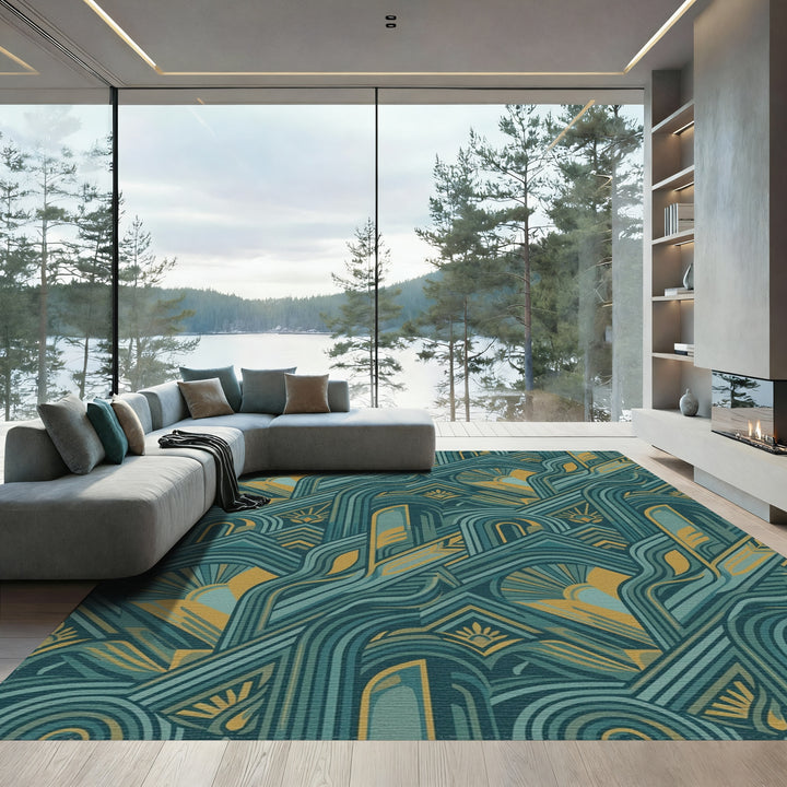 Teal Gold Geometric Sunburst Arch Rug