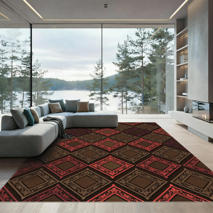 Deep Red Brown Scrollwork Diamond Rug