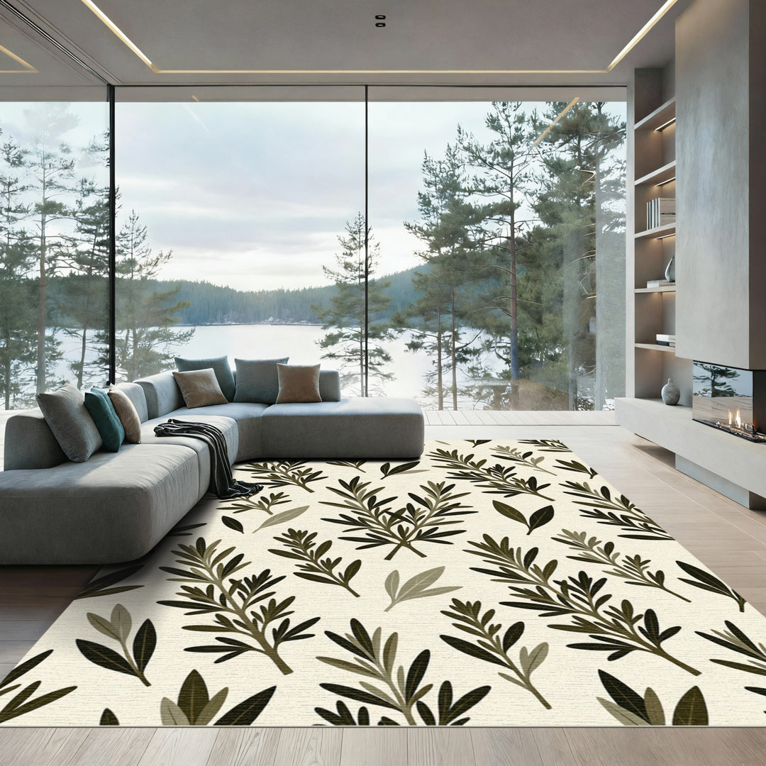 Botanical Green Branch Repeating Pattern Rug