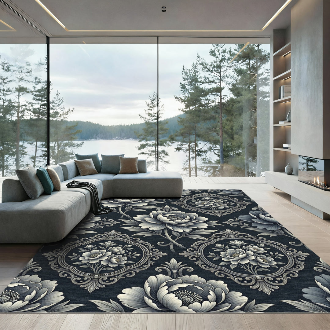 Classic Black and White Floral Scroll Rug