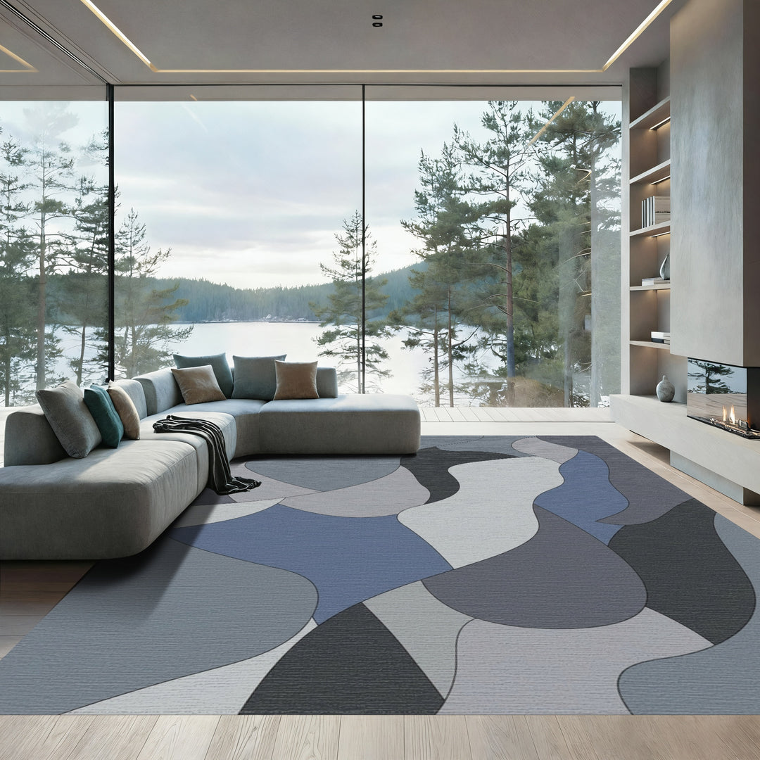 Modern Graphite Blue Abstract Waves Rug