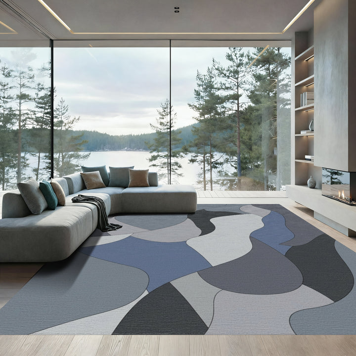 Modern Graphite Blue Abstract Waves Rug