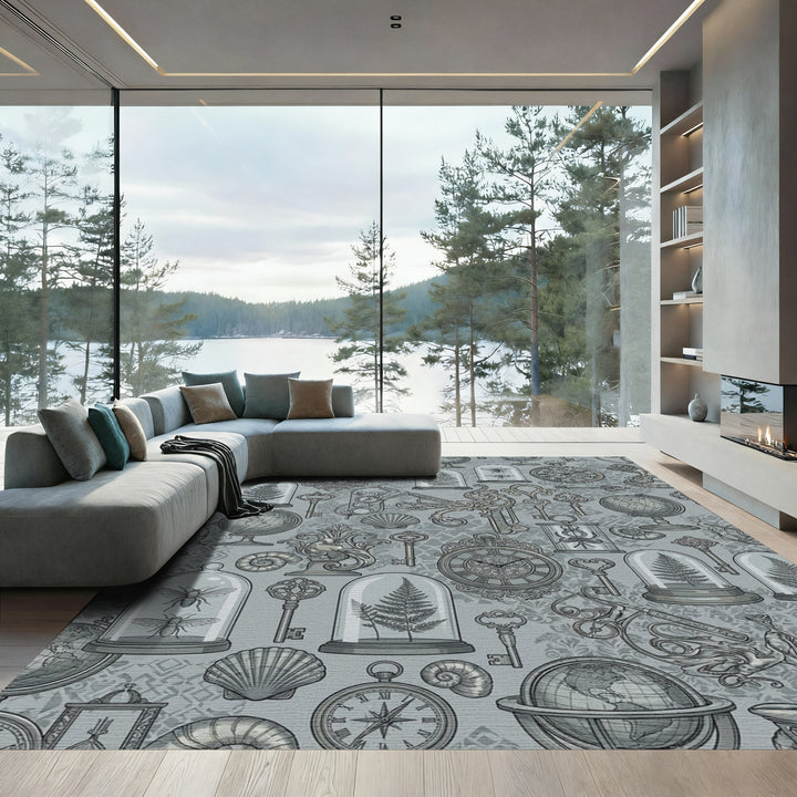 Vintage Wonders Clocks, Keys, Ferns, Globes Rug