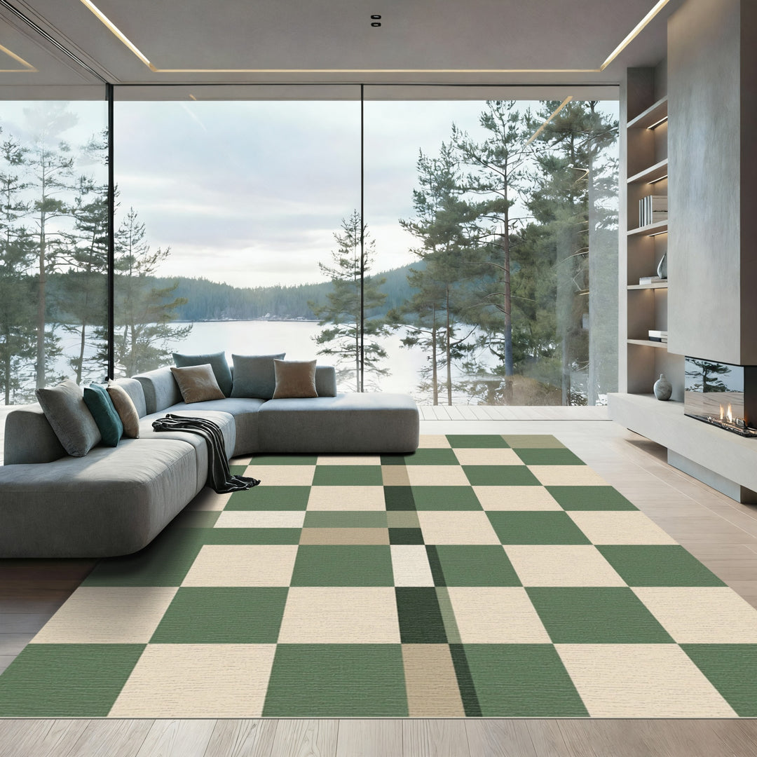 Green Beige Checkerboard Geometric Area Rug