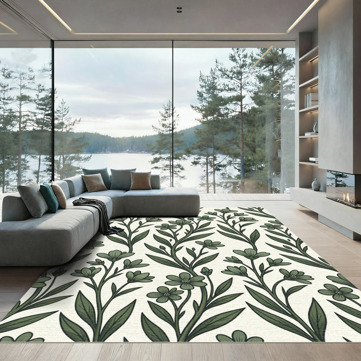 Green Floral Botanical Illustration Rug