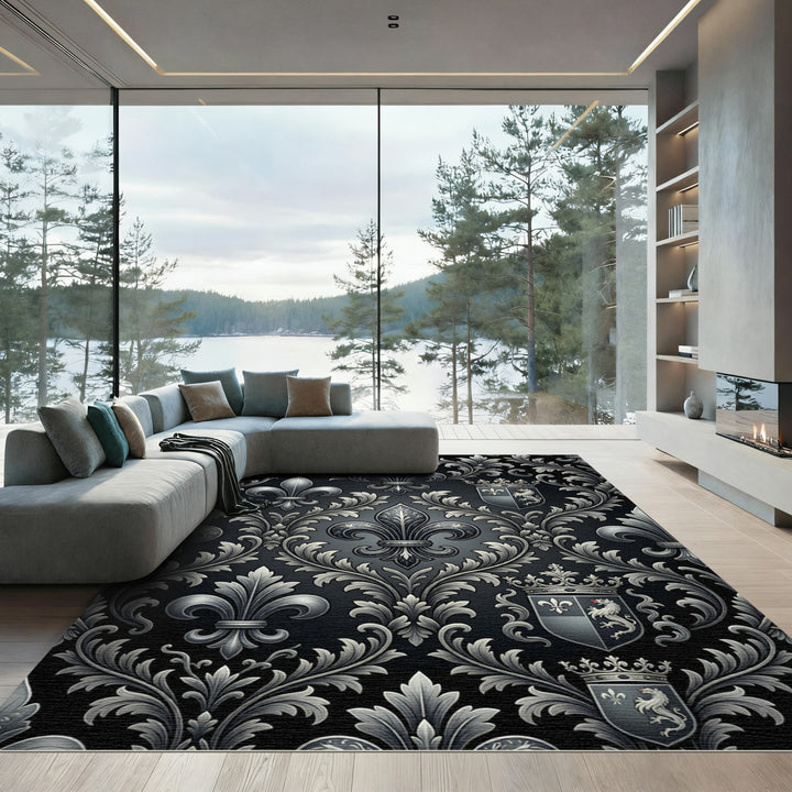 Ornate Black Silver Regal Coats Design Rug