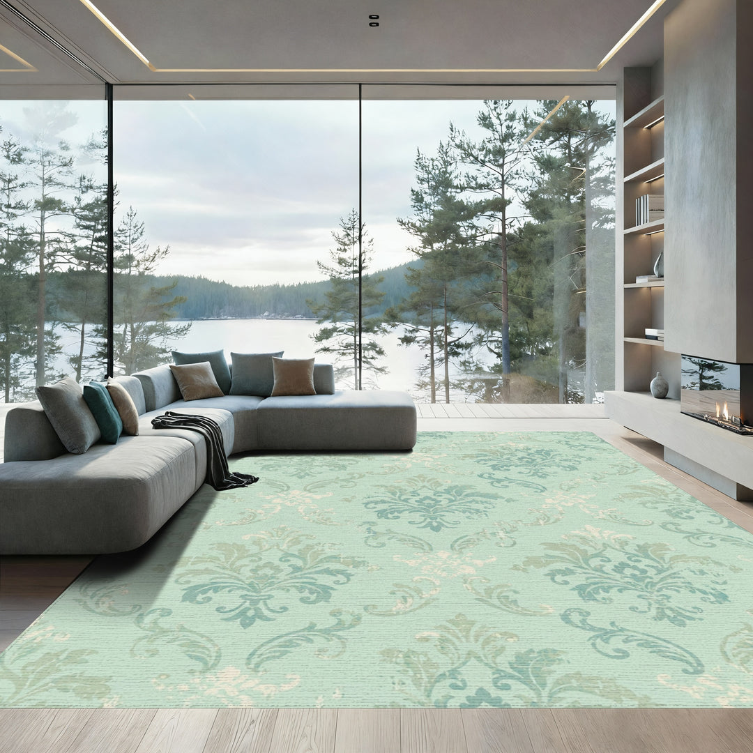 Distressed Aqua Damask Scroll Accents Rug