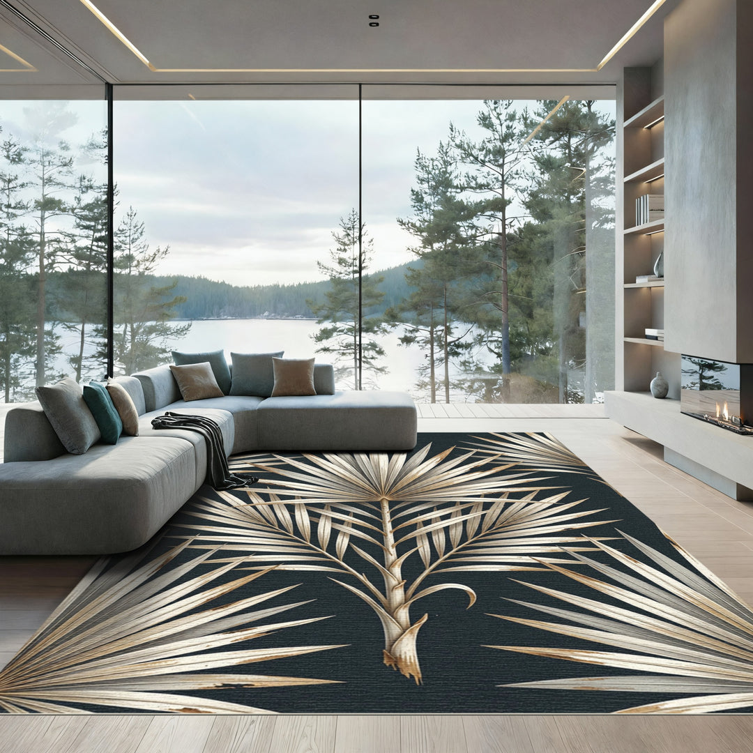 Luxurious Gold Palm Frond Botanical Rug