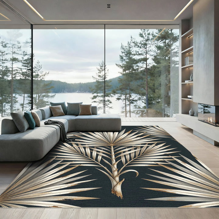Luxurious Gold Palm Frond Botanical Rug
