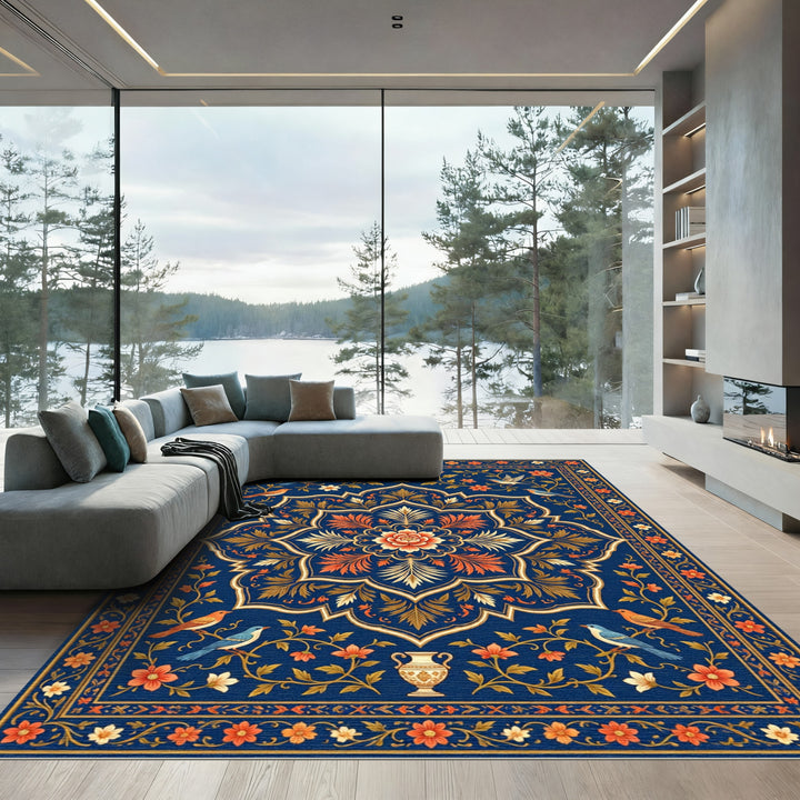 Ornate Blue Floral Bird Vase Medallion Rug