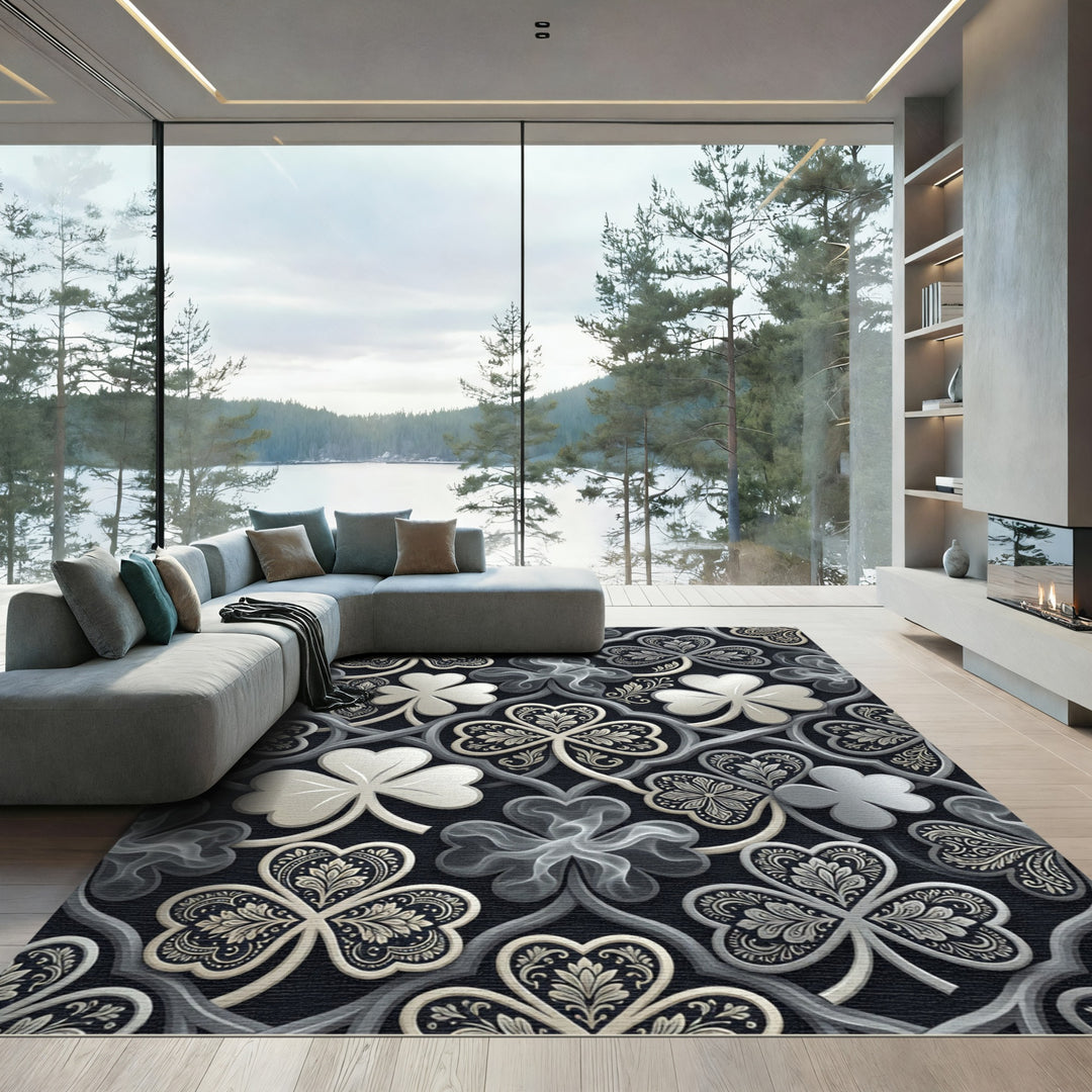 Elegant Shamrock Black Ornament Rug