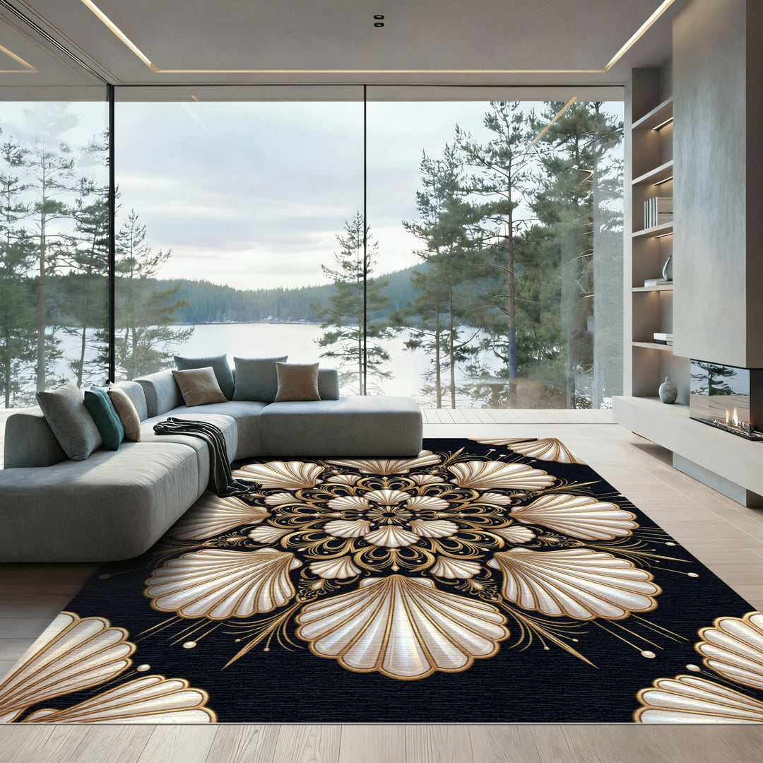 Luxurious Golden Seashell Mandala Rug