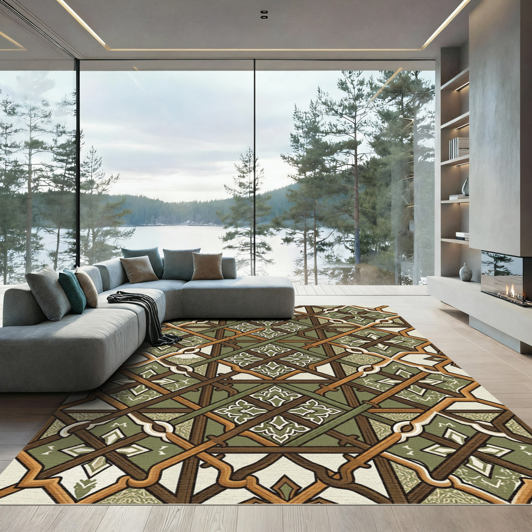 Geometric Wood Lattice Green Medallion Rug