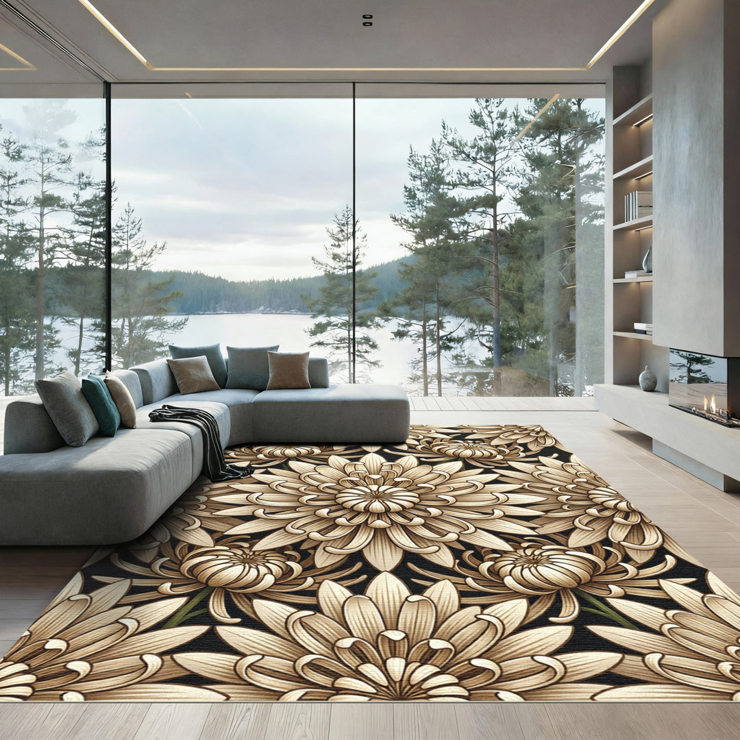 Antique Gold Chrysanthemum Floral Rug