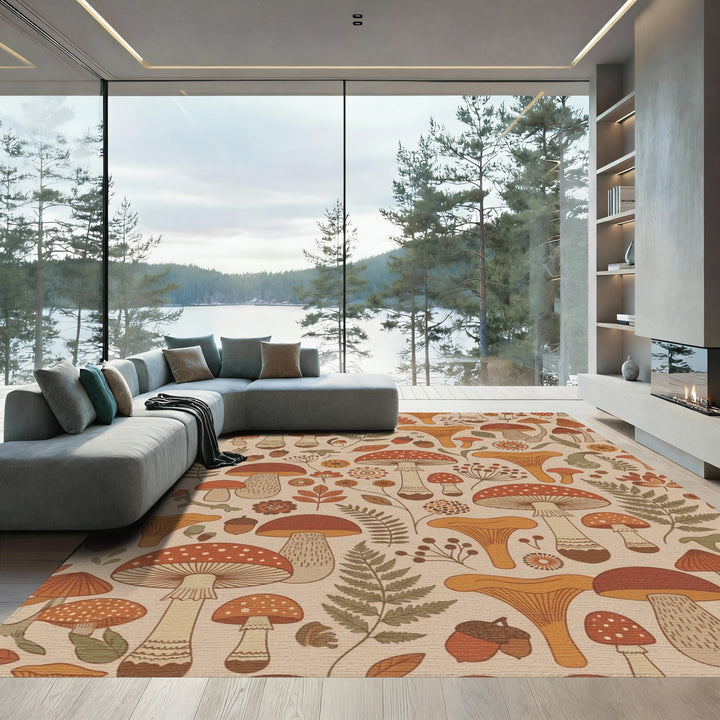 Earthy Mushroom Forest Woodland Scene Rug