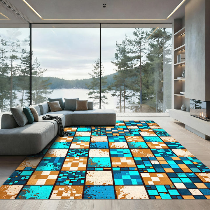 Abstract Blue Tan Checkerboard Splatter Rug