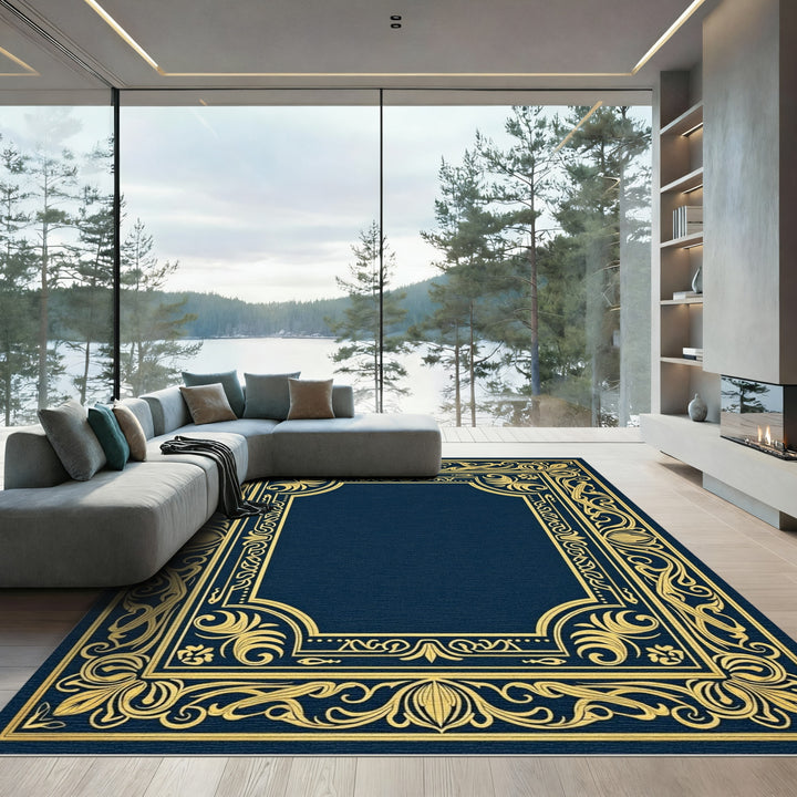 Elegant Gold Baroque Floral Frame Rug