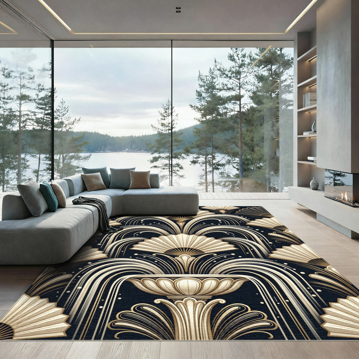 Art Deco Golden Fan Fountain Rug