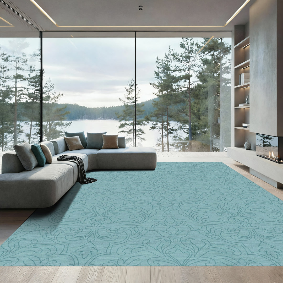 Teal Damask Scrollwork Floral Rug
