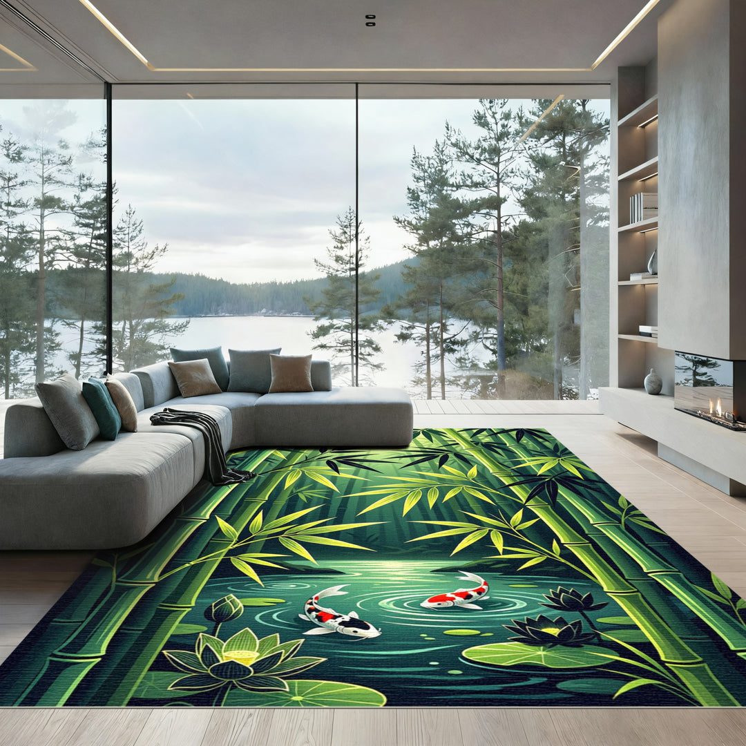 Serene Bamboo Forest Koi Pond Rug