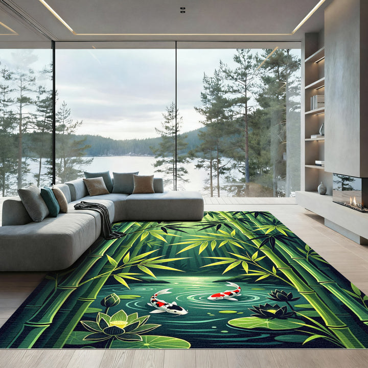 Serene Bamboo Forest Koi Pond Rug