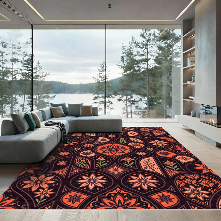 Orange Floral Arch Mandala Rug