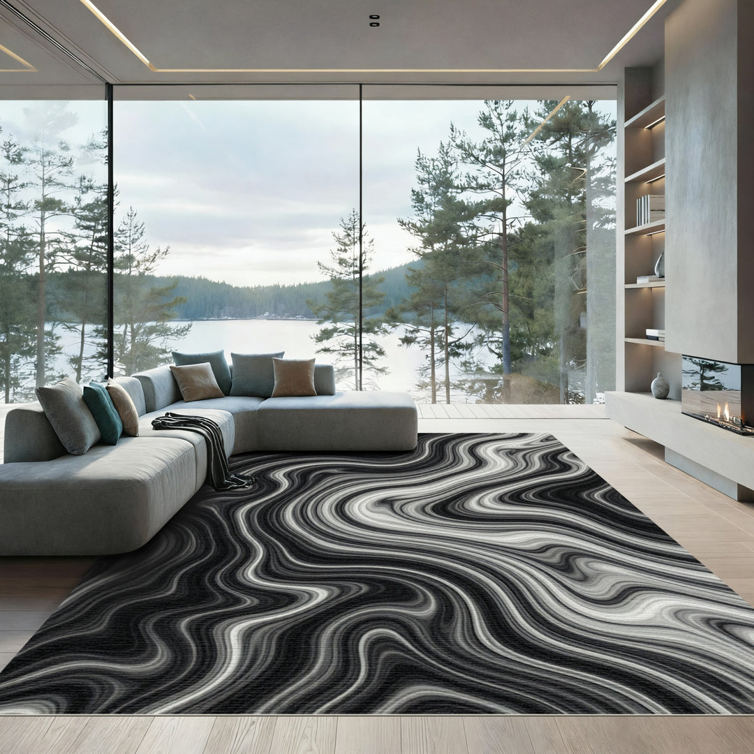 Monochrome Marble Swirl Rug