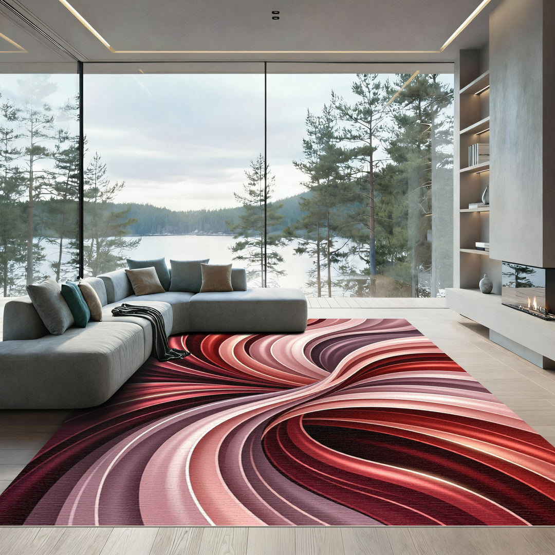 Crimson Swirl Abstract Flow Rug