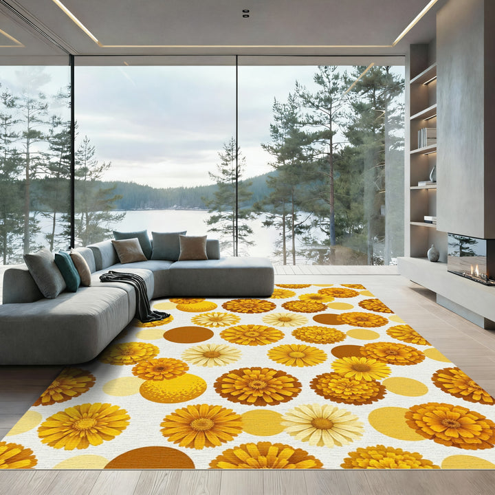 Golden Yellow Marigold Flower Circles Rug