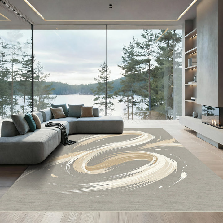 Cream Golden Swirl Brushstroke Rug
