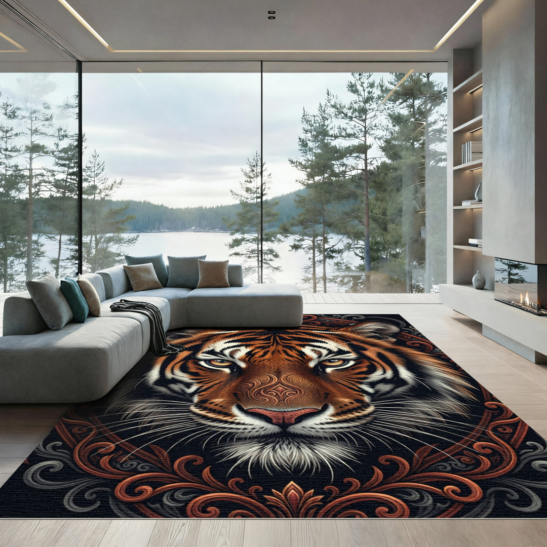Majestic Tiger Face Ornate Frame Rug