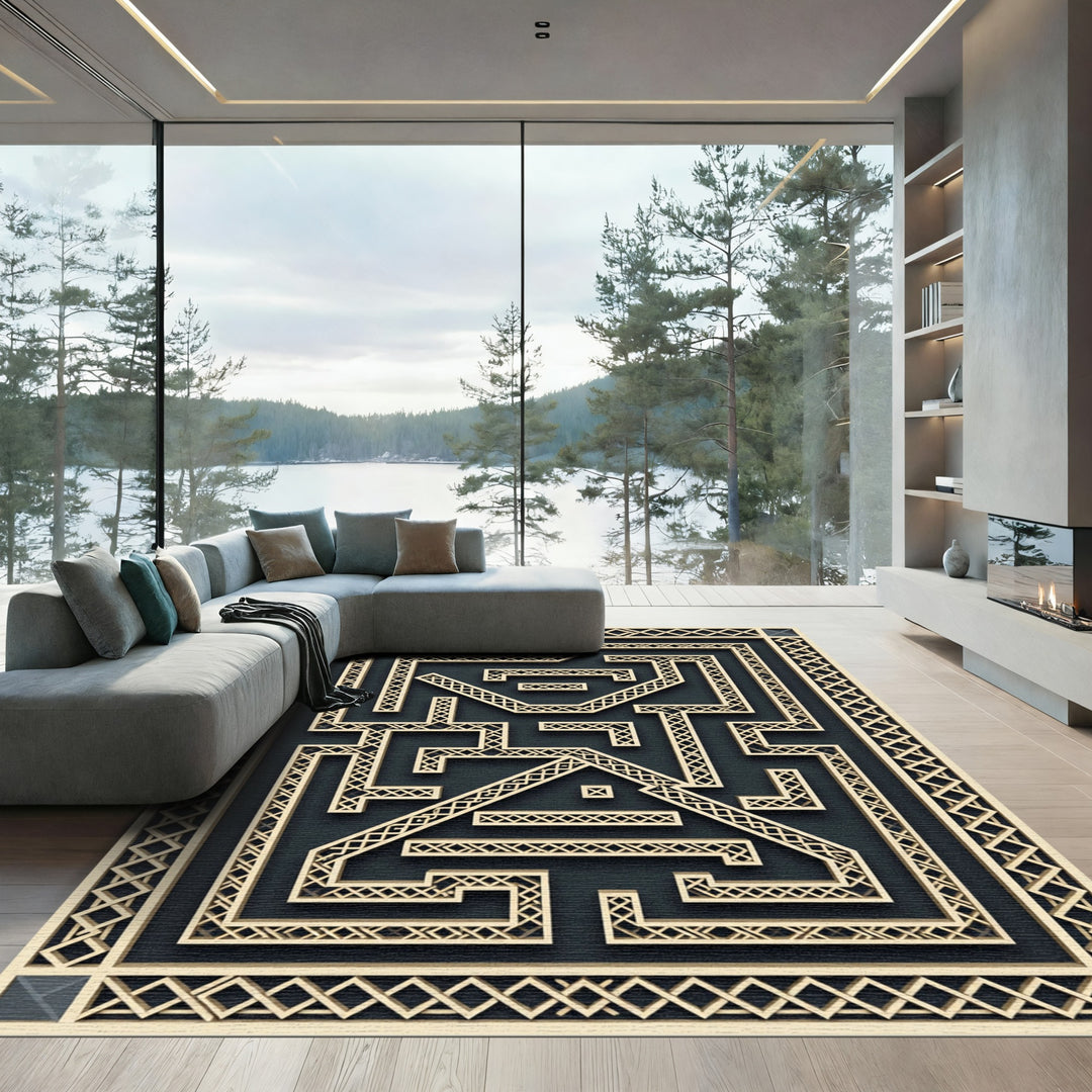 Geometric Maze Cream and Black Rug