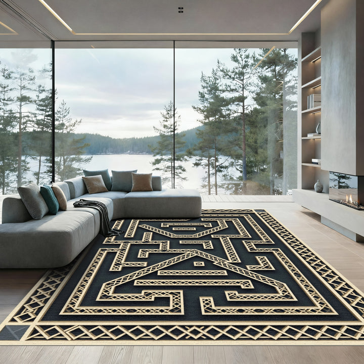 Geometric Maze Cream and Black Rug