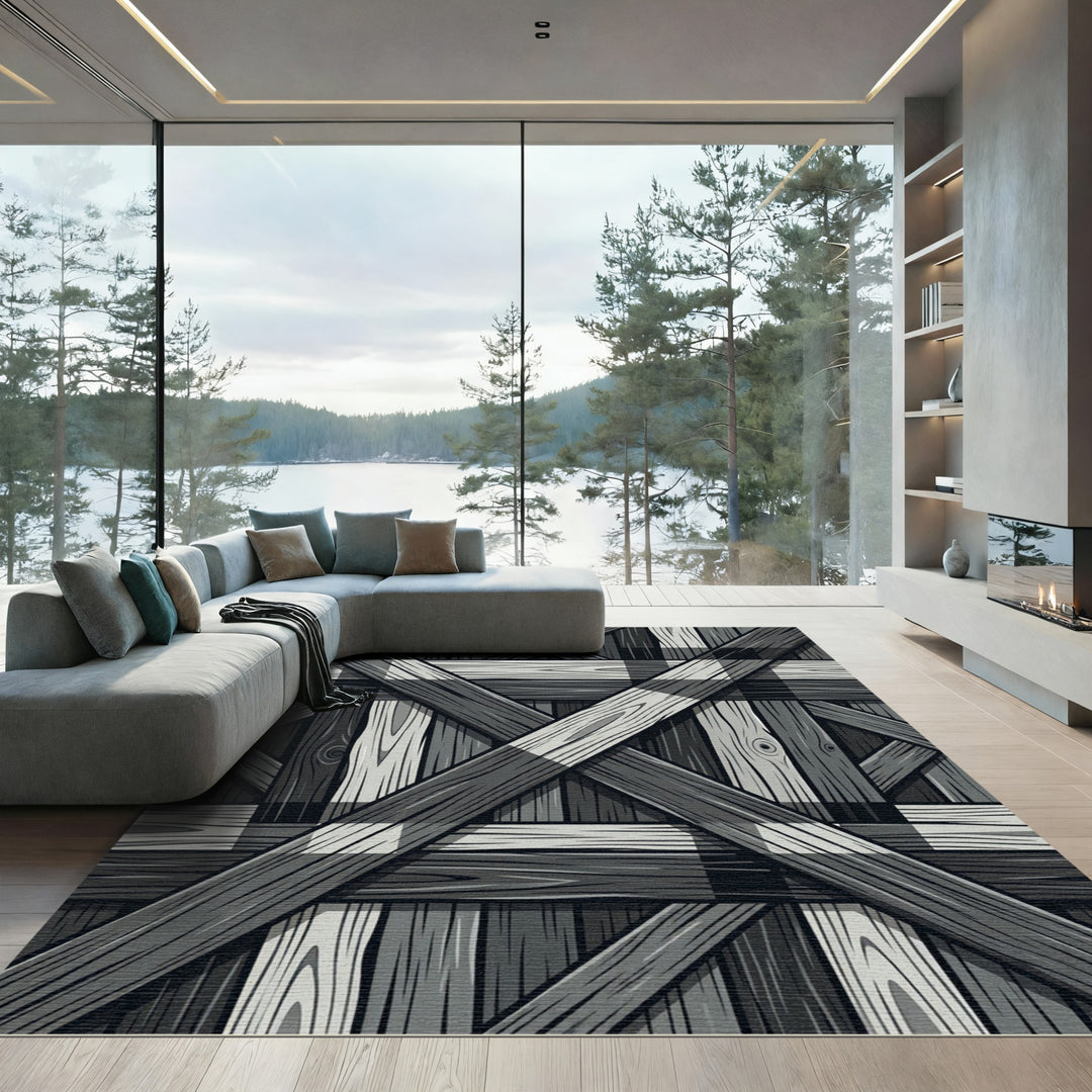 Gray Wood Plaid Crossed Lumber Rug