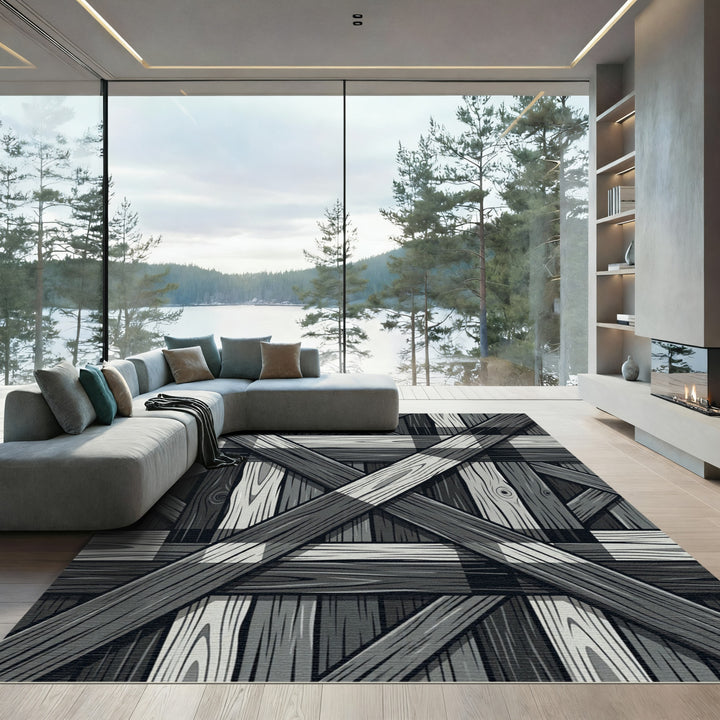 Gray Wood Plaid Crossed Lumber Rug