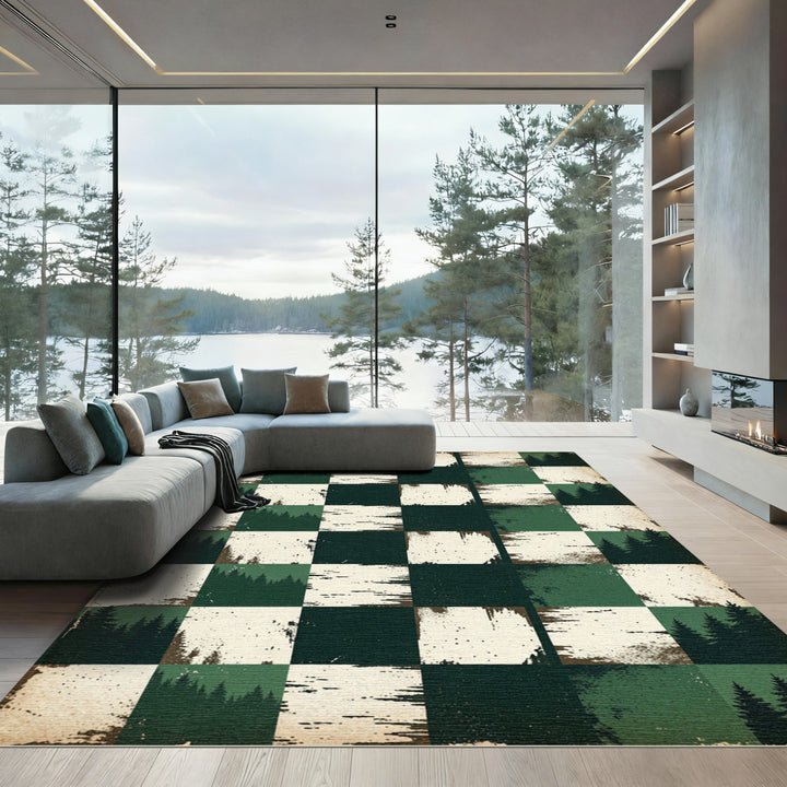 Forest Chessboard Dark Green Pine Rug