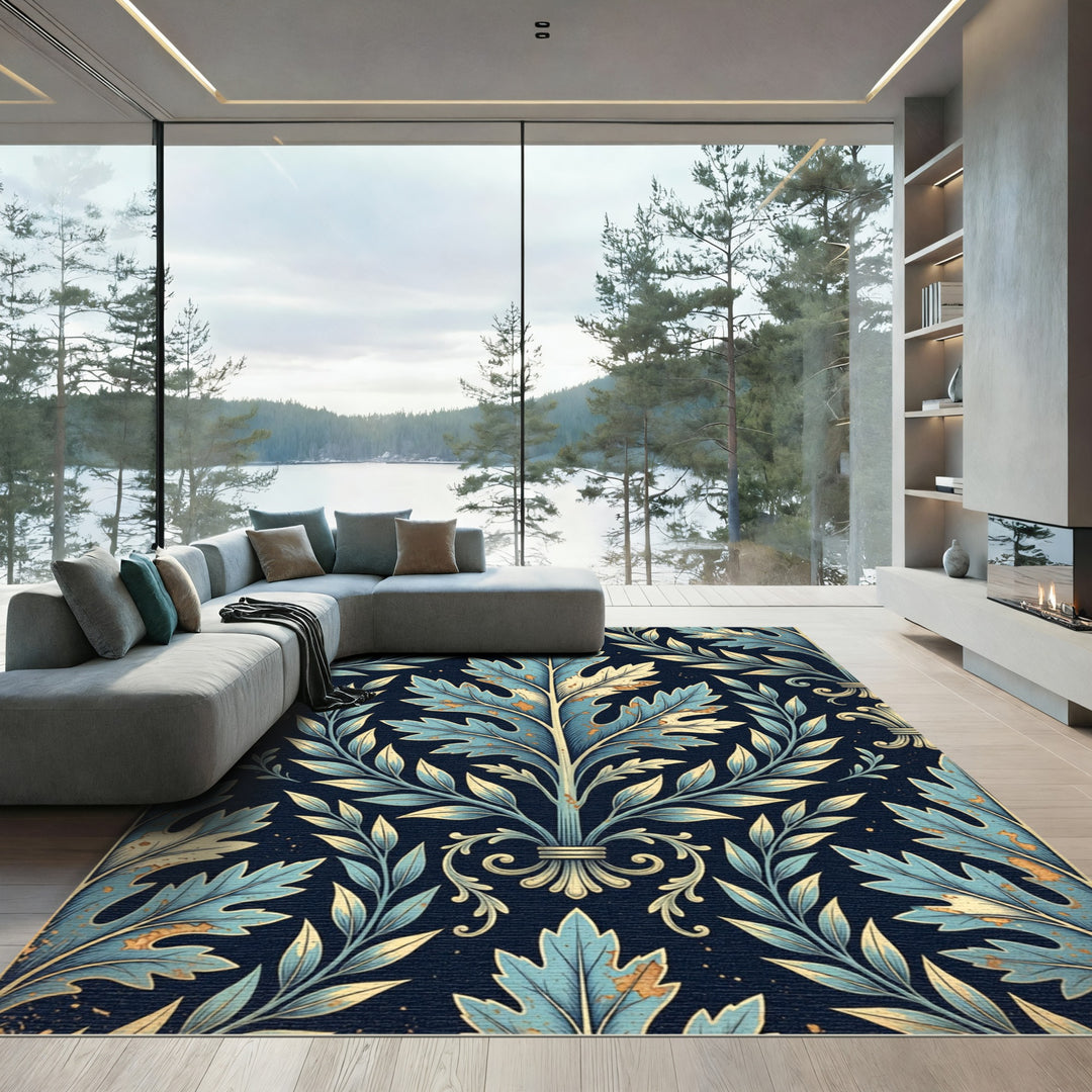 Ornate Blue Golden Leaf Acanthus Rug