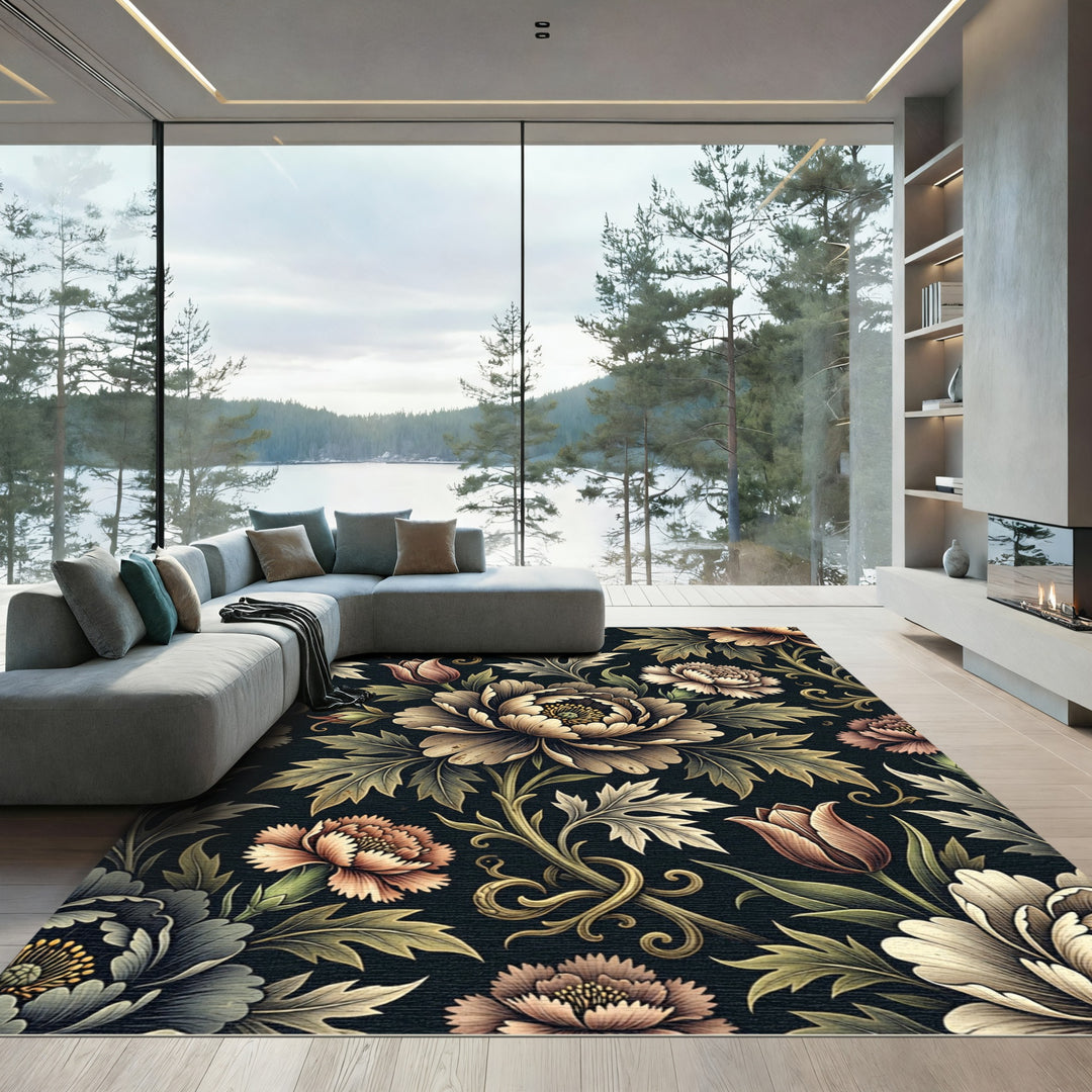 Dark Floral Meadow Botanical Scroll Rug