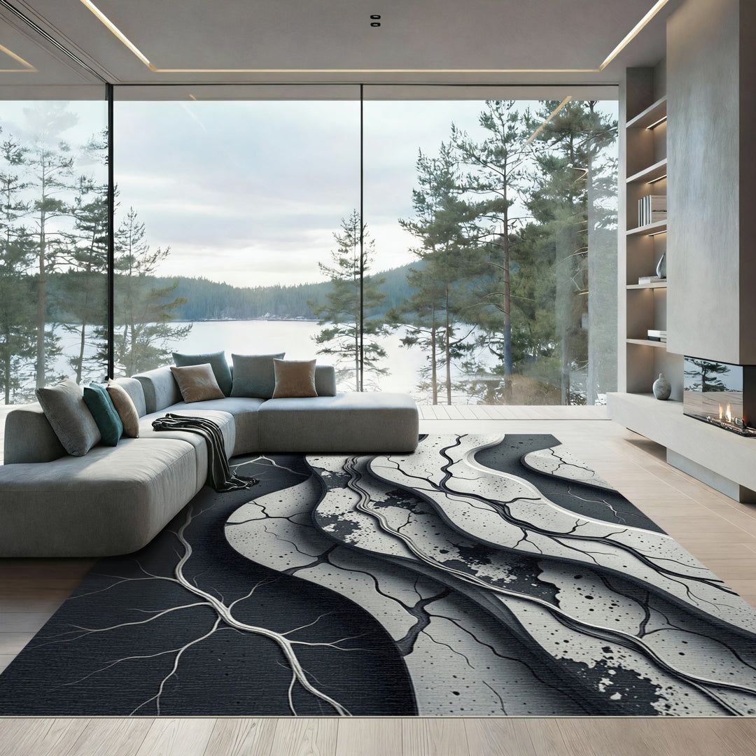 Monochrome Cracked Organic Wave Rug