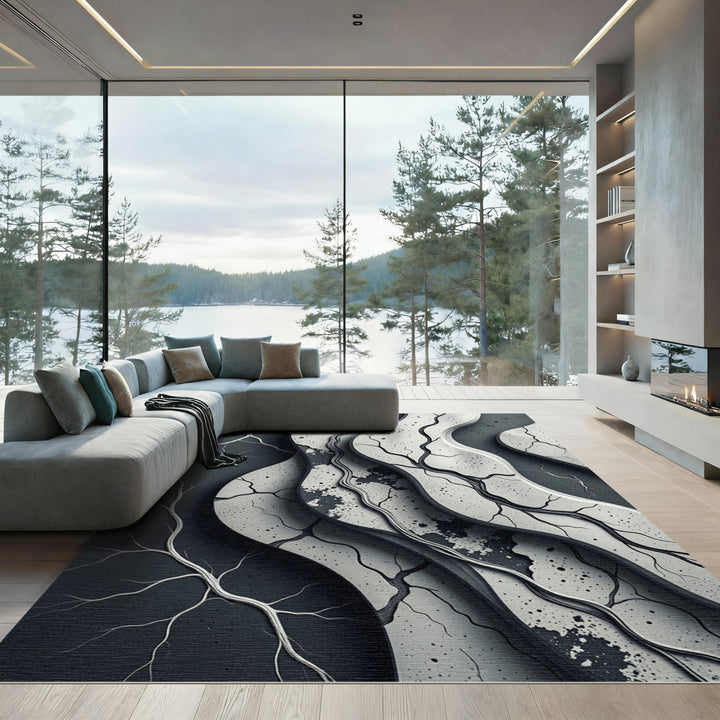 Monochrome Cracked Organic Wave Rug