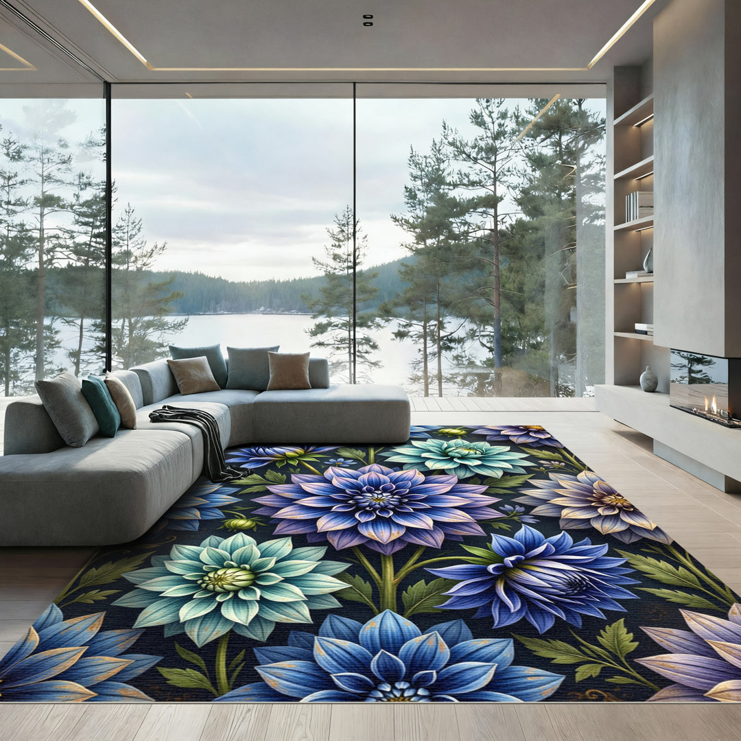 Vibrant Blue Purple Floral Garden Rug
