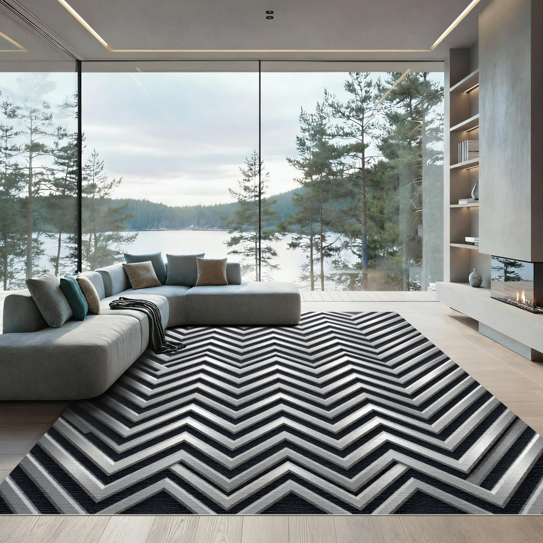 Sleek Silver Zigzag Chevron Rug