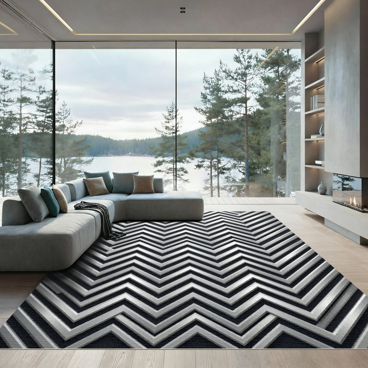 Sleek Silver Zigzag Chevron Rug
